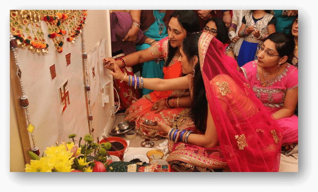 Triangular pattern of 28 dots being made on the wall with kumkum