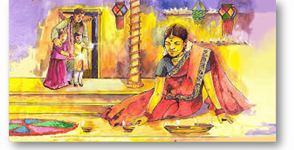 Illustration of a family celebrating Diwali