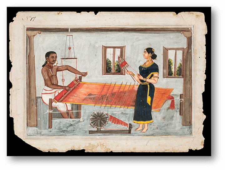 Illustration of a man and a woman weaving